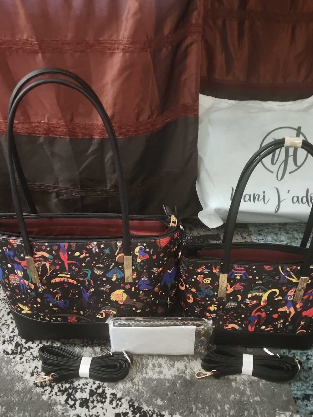3-piece Black Multicolor Printed Tote Bag with Gold Accents